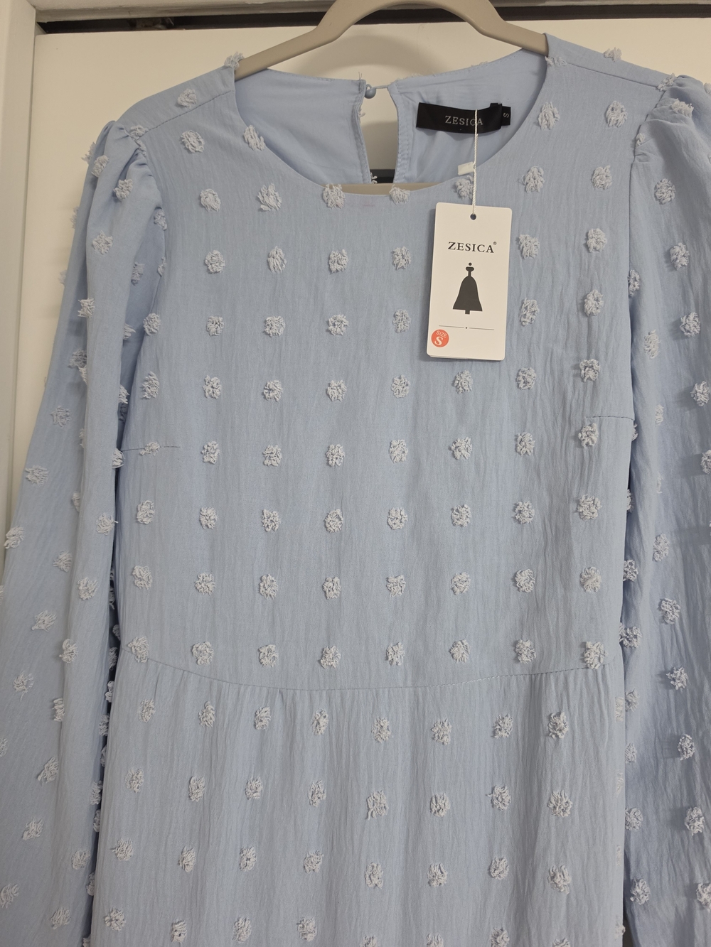 Light Blue Swiss Dot Tiered Long Sleeve Midi Dress - Picture 5 of 11